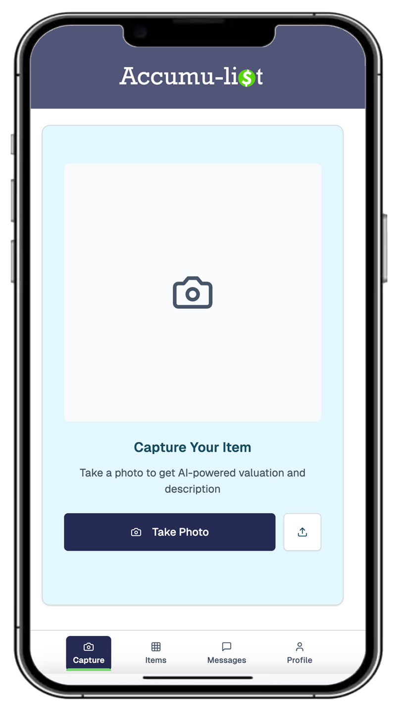 Accumulist mobile app capture screen showing photo upload interface